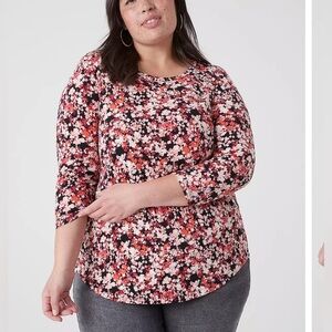Lane Bryant 3/4 Sleeve Curved Hem Blouse  Top Shirt Pink Multi Floral Size 26/28